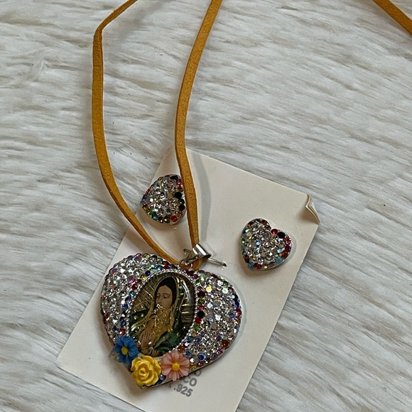 Our lady Guadalupe 925 sterling silver heart rhinestone pendant and earrings - Picture 4 of 17